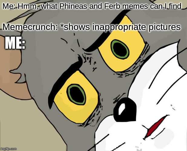 Unsettled Tom Meme | Me: Hmm, what Phineas and Ferb memes can I find; Memecrunch: *shows inappropriate pictures; ME: | image tagged in memes,unsettled tom | made w/ Imgflip meme maker