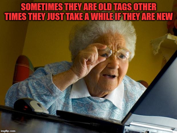 Old lady at computer finds the Internet | SOMETIMES THEY ARE OLD TAGS OTHER TIMES THEY JUST TAKE A WHILE IF THEY ARE NEW | image tagged in old lady at computer finds the internet | made w/ Imgflip meme maker