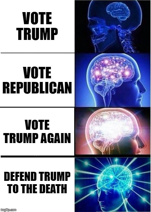 Ttards | VOTE TRUMP; VOTE REPUBLICAN; VOTE TRUMP AGAIN; DEFEND TRUMP TO THE DEATH | image tagged in memes,expanding brain,trump,deplorables | made w/ Imgflip meme maker