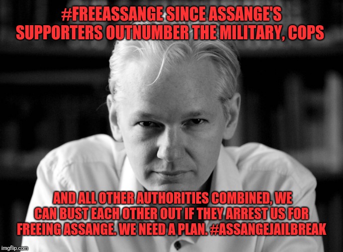 Julian Assange | #FREEASSANGE SINCE ASSANGE'S SUPPORTERS OUTNUMBER THE MILITARY, COPS; AND ALL OTHER AUTHORITIES COMBINED, WE CAN BUST EACH OTHER OUT IF THEY ARREST US FOR FREEING ASSANGE. WE NEED A PLAN. #ASSANGEJAILBREAK | image tagged in julian assange | made w/ Imgflip meme maker