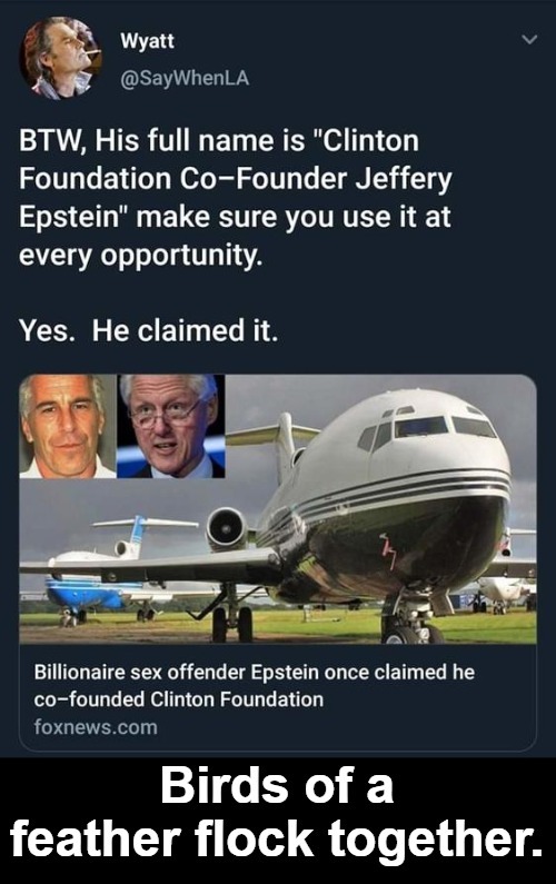 Epstein & Clinton: Birds of a Feather | image tagged in jeffrey epstein,bill clinton,birds of a feather,pervs of a feather,perverts,pedophiles | made w/ Imgflip meme maker