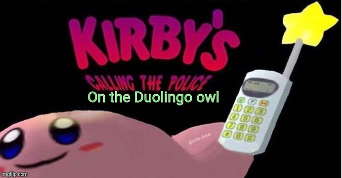 Kirby's calling the Police | On the Duolingo owl | image tagged in kirby's calling the police | made w/ Imgflip meme maker