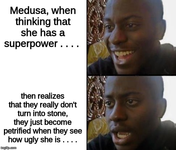 Sorry.   Kind of a mean meme. | Medusa, when thinking that she has a superpower . . . . then realizes that they really don't turn into stone, they just become petrified when they see how ugly she is . . . . | image tagged in disappointed black guy,greek mythology,memes | made w/ Imgflip meme maker