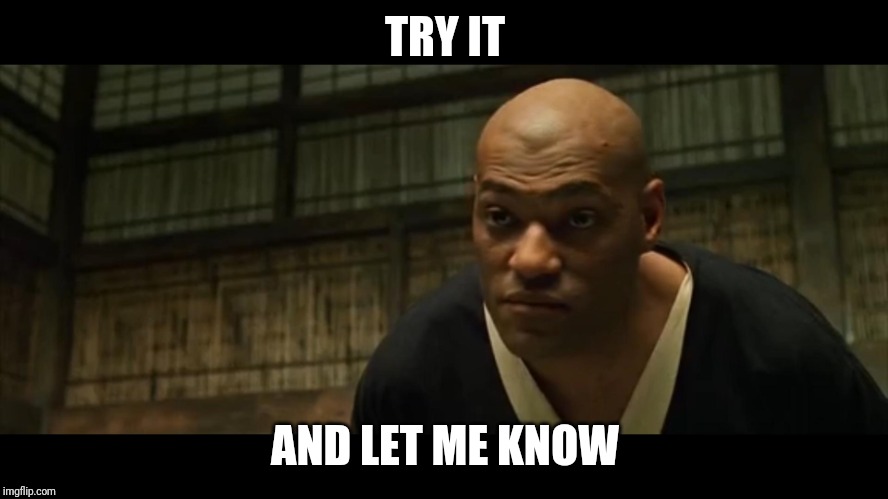 Morpheus Cocky Look | TRY IT AND LET ME KNOW | image tagged in morpheus cocky look | made w/ Imgflip meme maker