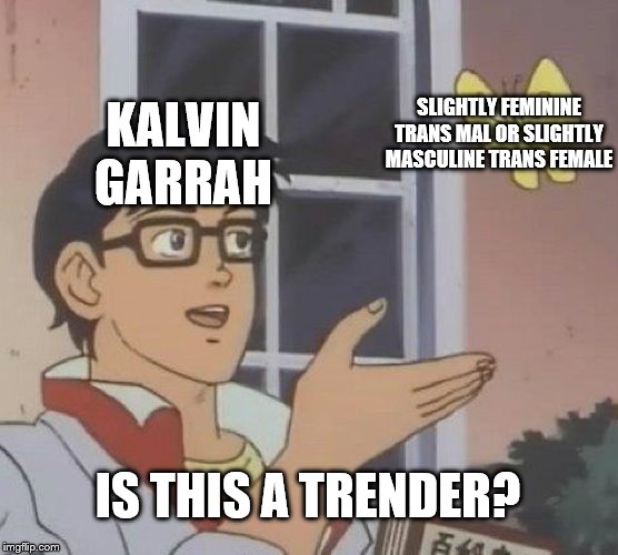 Is This A Pigeon Meme | SLIGHTLY FEMININE TRANS MAL OR SLIGHTLY MASCULINE TRANS FEMALE; KALVIN GARRAH; IS THIS A TRENDER? | image tagged in memes,is this a pigeon | made w/ Imgflip meme maker