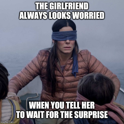 Surprising that special lady | THE GIRLFRIEND ALWAYS LOOKS WORRIED; WHEN YOU TELL HER TO WAIT FOR THE SURPRISE | image tagged in memes,bird box,surprise,girlfriend,blindfold,blind | made w/ Imgflip meme maker