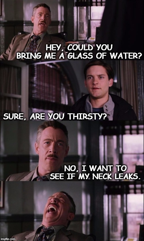 Glad you asked? | HEY, COULD YOU BRING ME A GLASS OF WATER? SURE, ARE YOU THIRSTY? NO, I WANT TO SEE IF MY NECK LEAKS. | image tagged in memes,spiderman laugh,water | made w/ Imgflip meme maker