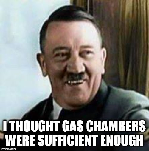 laughing hitler | I THOUGHT GAS CHAMBERS WERE SUFFICIENT ENOUGH | image tagged in laughing hitler | made w/ Imgflip meme maker