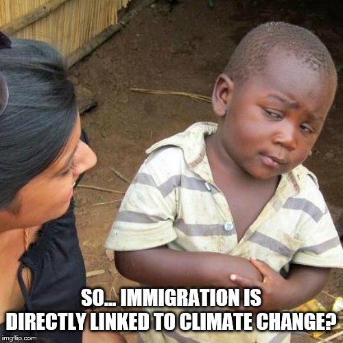Third World Skeptical Kid Meme | SO... IMMIGRATION IS DIRECTLY LINKED TO CLIMATE CHANGE? | image tagged in memes,third world skeptical kid | made w/ Imgflip meme maker
