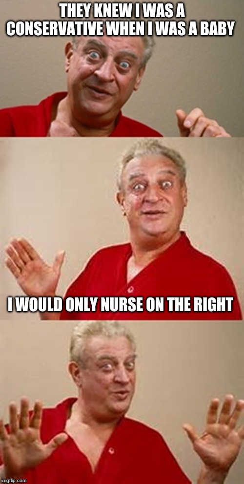 bad pun Dangerfield  | THEY KNEW I WAS A CONSERVATIVE WHEN I WAS A BABY; I WOULD ONLY NURSE ON THE RIGHT | image tagged in bad pun dangerfield | made w/ Imgflip meme maker