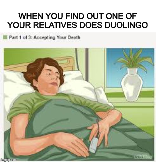 Are Duolingo memes dead yet? | WHEN YOU FIND OUT ONE OF YOUR RELATIVES DOES DUOLINGO | image tagged in accepting your death,duolingo | made w/ Imgflip meme maker