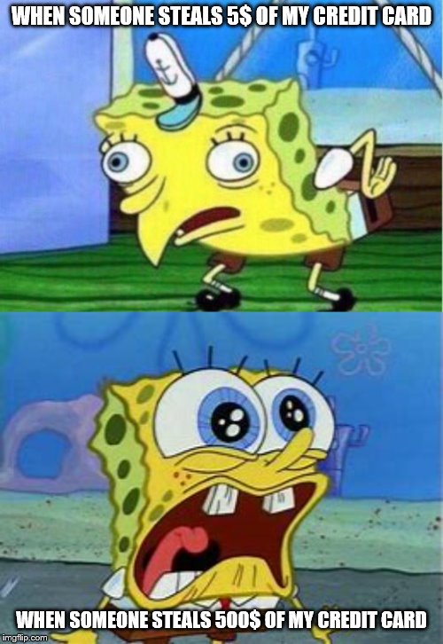 WHEN SOMEONE STEALS 5$ OF MY CREDIT CARD; WHEN SOMEONE STEALS 500$ OF MY CREDIT CARD | image tagged in memes,mocking spongebob | made w/ Imgflip meme maker
