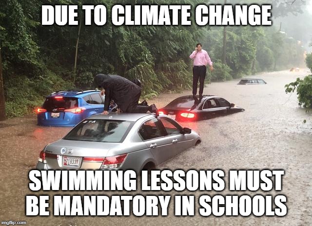 Flood | DUE TO CLIMATE CHANGE; SWIMMING LESSONS MUST BE MANDATORY IN SCHOOLS | image tagged in flood | made w/ Imgflip meme maker