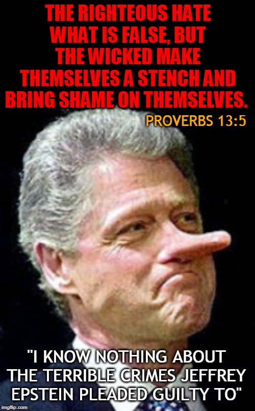 THE RIGHTEOUS HATE WHAT IS FALSE, BUT THE WICKED MAKE THEMSELVES A STENCH AND BRING SHAME ON THEMSELVES. PROVERBS 13:5; "I KNOW NOTHING ABOUT THE TERRIBLE CRIMES JEFFREY EPSTEIN PLEADED GUILTY TO" | made w/ Imgflip meme maker