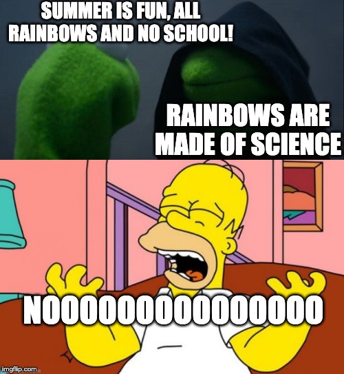 SUMMER IS FUN, ALL RAINBOWS AND NO SCHOOL! RAINBOWS ARE MADE OF SCIENCE; NOOOOOOOOOOOOOOO | image tagged in nooooo,memes,evil kermit | made w/ Imgflip meme maker