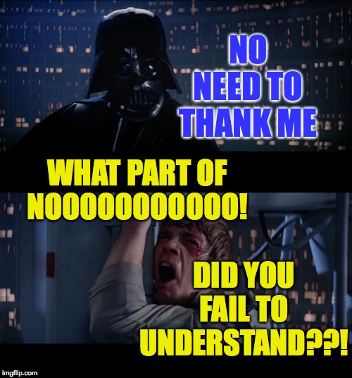 Star Wars No Meme | NO NEED TO THANK ME WHAT PART OF NOOOOOOOOOOO! DID YOU FAIL TO UNDERSTAND??! | image tagged in memes,star wars no | made w/ Imgflip meme maker