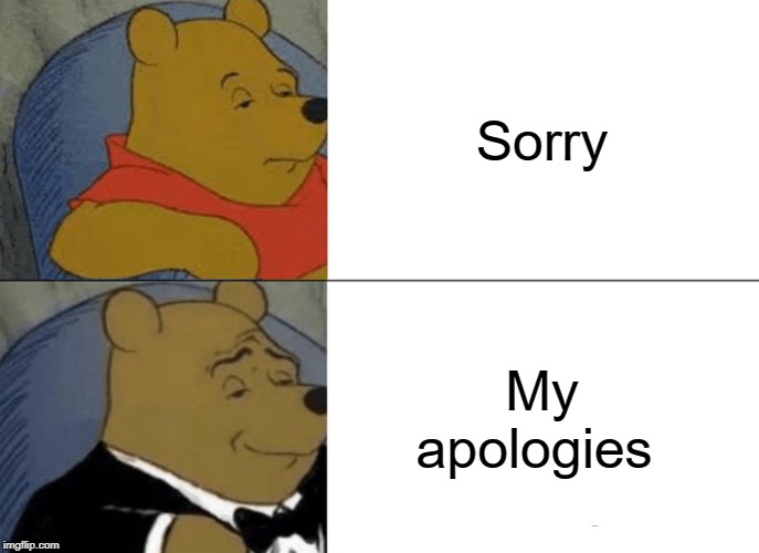 Tuxedo Winnie The Pooh Meme | Sorry; My apologies | image tagged in memes,tuxedo winnie the pooh | made w/ Imgflip meme maker