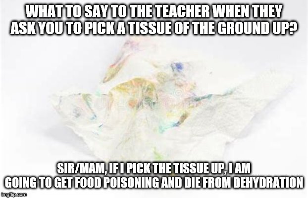 Education Memes #1 | WHAT TO SAY TO THE TEACHER WHEN THEY ASK YOU TO PICK A TISSUE OF THE GROUND UP? SIR/MAM, IF I PICK THE TISSUE UP, I AM GOING TO GET FOOD POISONING AND DIE FROM DEHYDRATION | image tagged in funny memes,memes,unhelpful high school teacher,teacher,high school | made w/ Imgflip meme maker