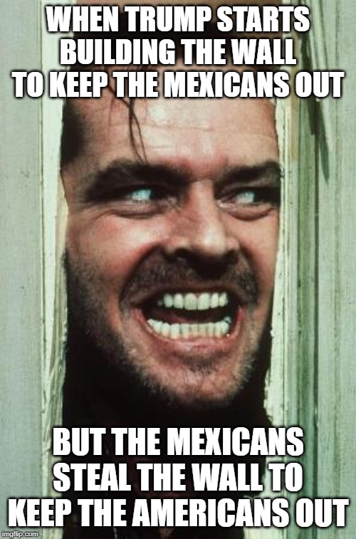 Here's Johnny | WHEN TRUMP STARTS BUILDING THE WALL TO KEEP THE MEXICANS OUT; BUT THE MEXICANS STEAL THE WALL TO KEEP THE AMERICANS OUT | image tagged in memes,heres johnny | made w/ Imgflip meme maker