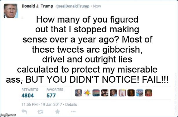 The truth for once. | How many of you figured out that I stopped making sense over a year ago? Most of these tweets are gibberish, drivel and outright lies calculated to protect my miserable ass, BUT YOU DIDN'T NOTICE! FAIL!!! | image tagged in blank trump tweet,trump,tweet,lies,silly | made w/ Imgflip meme maker