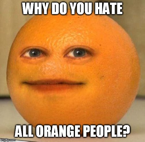 Annoying Orange Suprised | WHY DO YOU HATE ALL ORANGE PEOPLE? | image tagged in annoying orange suprised | made w/ Imgflip meme maker