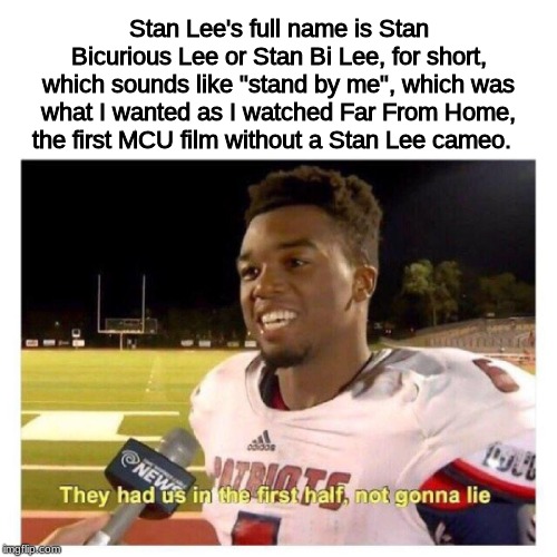 The man is a legend. | Stan Lee's full name is Stan Bicurious Lee or Stan Bi Lee, for short, which sounds like "stand by me", which was what I wanted as I watched Far From Home, the first MCU film without a Stan Lee cameo. | image tagged in they had us in the first half,spider man,mcu,memes,avengers,marvel | made w/ Imgflip meme maker