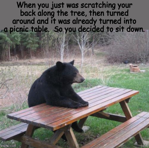 Technology is advancing at such an alarming rate. | When you just was scratching your back along the tree, then turned around and it was already turned into a picnic table.  So you decided to sit down. | image tagged in memes,bad luck bear,technology | made w/ Imgflip meme maker