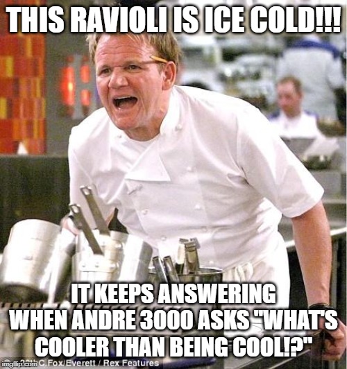 Chef Gordon Ramsay | THIS RAVIOLI IS ICE COLD!!! IT KEEPS ANSWERING WHEN ANDRE 3000 ASKS "WHAT'S COOLER THAN BEING COOL!?" | image tagged in memes,chef gordon ramsay | made w/ Imgflip meme maker