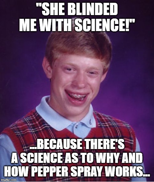 Bad Luck Brian | "SHE BLINDED ME WITH SCIENCE!"; ...BECAUSE THERE'S A SCIENCE AS TO WHY AND HOW PEPPER SPRAY WORKS... | image tagged in memes,bad luck brian,chemicals,1980s,80s music | made w/ Imgflip meme maker