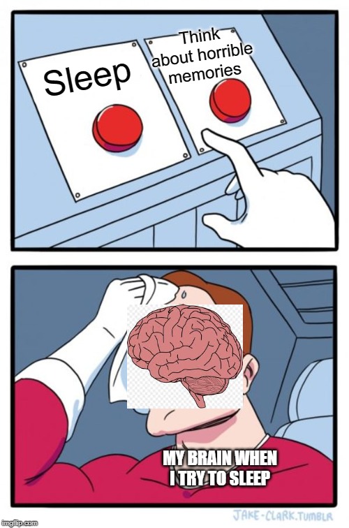 Two Buttons Meme | Think about horrible memories; Sleep; MY BRAIN WHEN I TRY TO SLEEP | image tagged in memes,two buttons | made w/ Imgflip meme maker