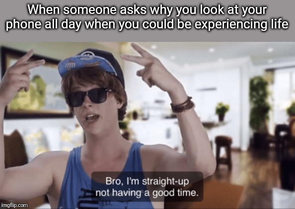 Bro, I'm straight-up not having a good time | When someone asks why you look at your phone all day when you could be experiencing life | image tagged in bro i'm straight-up not having a good time | made w/ Imgflip meme maker