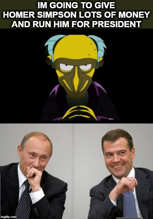 wwh If Mr. Burns put Homer in charge? | IM GOING TO GIVE HOMER SIMPSON LOTS OF MONEY AND RUN HIM FOR PRESIDENT | image tagged in memes,politics,maga,impeach trump,funny,idiot | made w/ Imgflip meme maker
