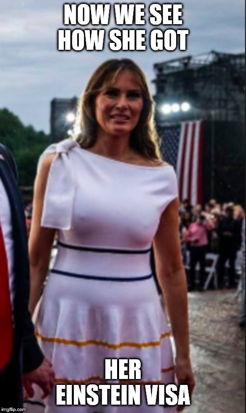 Melania in the Rain | NOW WE SEE HOW SHE GOT; HER EINSTEIN VISA | image tagged in melania in the rain | made w/ Imgflip meme maker