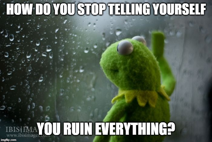 kermit window | HOW DO YOU STOP TELLING YOURSELF; YOU RUIN EVERYTHING? | image tagged in kermit window | made w/ Imgflip meme maker