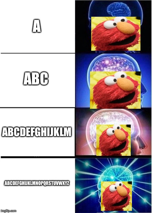 Expanding Brain Meme | A; ABC; ABCDEFGHIJKLM; ABCDEFGHIJKLMNOPQRSTUVWXYZ | image tagged in memes,expanding brain | made w/ Imgflip meme maker