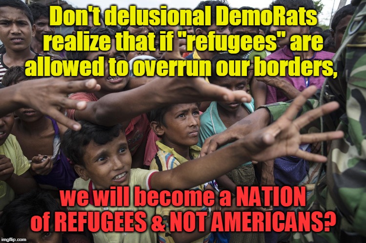 NO borders, NO language, NO culture... | Don't delusional DemoRats realize that if "refugees" are allowed to overrun our borders, we will become a NATION of REFUGEES & NOT AMERICANS? | image tagged in politics,political meme,political | made w/ Imgflip meme maker