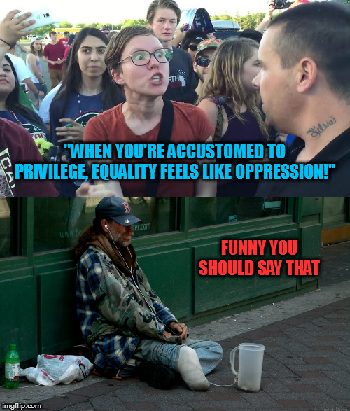 The person who originally said that didn't really think it through, did they? | "WHEN YOU'RE ACCUSTOMED TO PRIVILEGE, EQUALITY FEELS LIKE OPPRESSION!"; FUNNY YOU SHOULD SAY THAT | image tagged in sjw lightbulb,army veteran homeless usa amputee,memes,politics | made w/ Imgflip meme maker