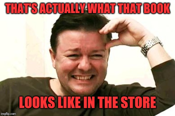 Laughing Ricky Gervais | THAT'S ACTUALLY WHAT THAT BOOK LOOKS LIKE IN THE STORE | image tagged in laughing ricky gervais | made w/ Imgflip meme maker