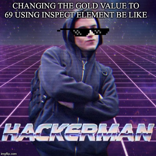 hackerman | CHANGING THE GOLD VALUE TO 69 USING INSPECT ELEMENT BE LIKE | image tagged in hackerman | made w/ Imgflip meme maker