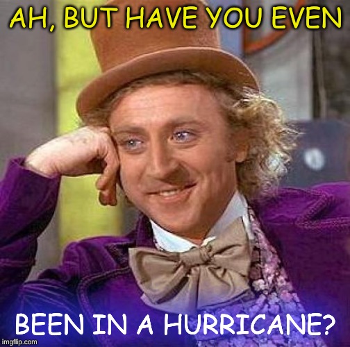 Creepy Condescending Wonka Meme | AH, BUT HAVE YOU EVEN BEEN IN A HURRICANE? | image tagged in memes,creepy condescending wonka | made w/ Imgflip meme maker