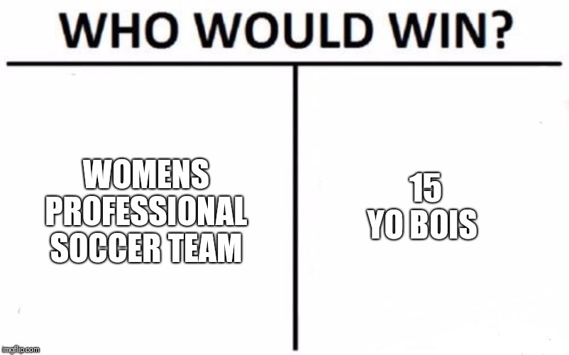 Who Would Win? | WOMENS PROFESSIONAL SOCCER TEAM; 15 YO BOIS | image tagged in memes,who would win | made w/ Imgflip meme maker