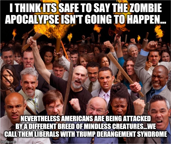 The Zombie Apocalypse was actually Trump Derangement Syndrome! Who knew? | I THINK ITS SAFE TO SAY THE ZOMBIE APOCALYPSE ISN'T GOING TO HAPPEN... NEVERTHELESS AMERICANS ARE BEING ATTACKED BY A DIFFERENT BREED OF MINDLESS CREATURES...WE CALL THEM LIBERALS WITH TRUMP DERANGEMENT SYNDROME | image tagged in angry mob | made w/ Imgflip meme maker