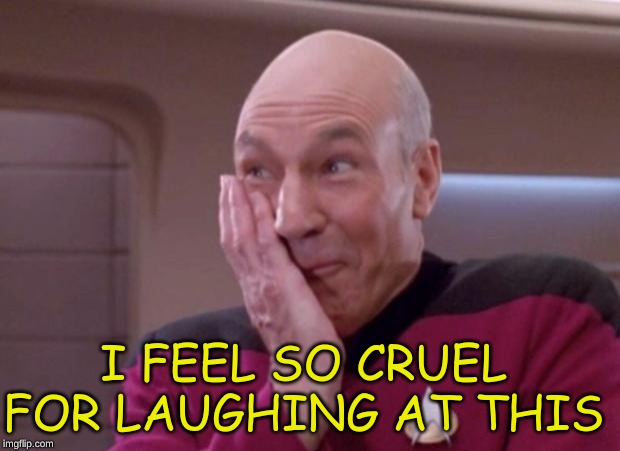 Picard smirk | I FEEL SO CRUEL FOR LAUGHING AT THIS | image tagged in picard smirk | made w/ Imgflip meme maker