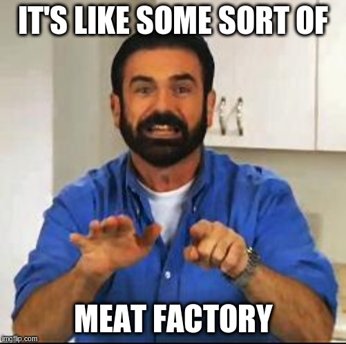 I was SOOOO high when I made this and can't remember what it was originally about... | IT'S LIKE SOME SORT OF; MEAT FACTORY | image tagged in billy mays,shieldsrholding,is,always,stoned | made w/ Imgflip meme maker