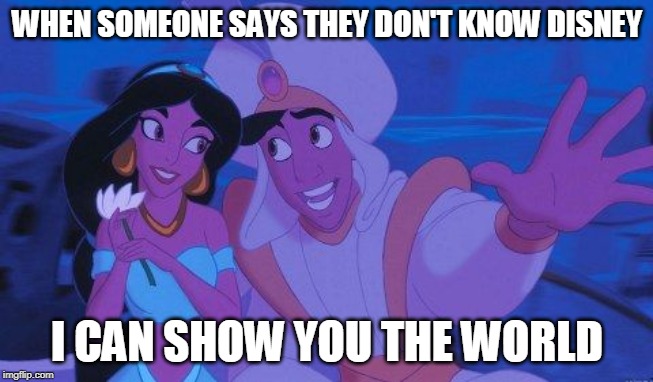 aladdin | WHEN SOMEONE SAYS THEY DON'T KNOW DISNEY; I CAN SHOW YOU THE WORLD | image tagged in aladdin | made w/ Imgflip meme maker