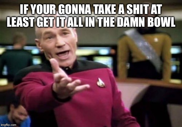 Picard Wtf | IF YOUR GONNA TAKE A SHIT AT LEAST GET IT ALL IN THE DAMN BOWL | image tagged in memes,picard wtf | made w/ Imgflip meme maker