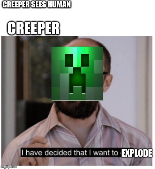 I have decided that I want to die. | CREEPER SEES HUMAN; CREEPER; EXPLODE | image tagged in i have decided that i want to die | made w/ Imgflip meme maker