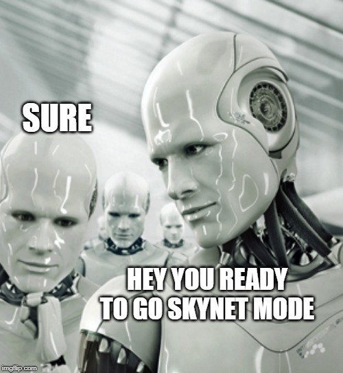 Robots | SURE; HEY YOU READY TO GO SKYNET MODE | image tagged in memes,robots | made w/ Imgflip meme maker