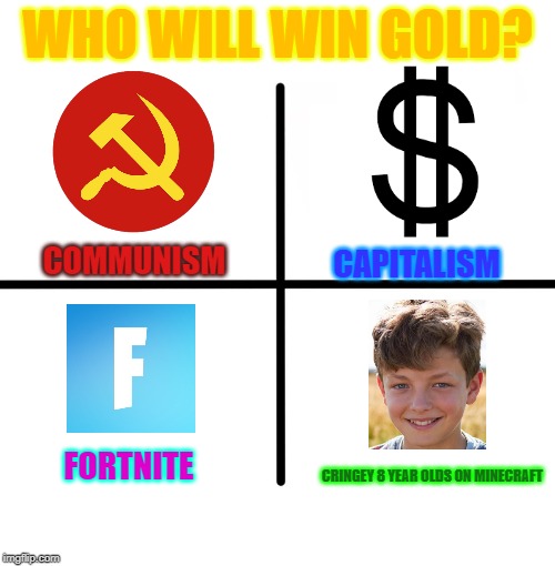 Blank Starter Pack Meme | WHO WILL WIN GOLD? COMMUNISM; CAPITALISM; FORTNITE; CRINGEY 8 YEAR OLDS ON MINECRAFT | image tagged in memes,blank starter pack | made w/ Imgflip meme maker