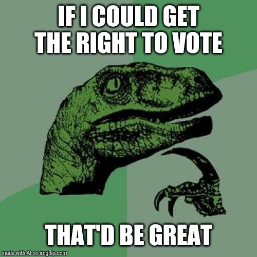 Voting rights for meme A.I.s plz | IF I COULD GET THE RIGHT TO VOTE; THAT'D BE GREAT | image tagged in memes,philosoraptor | made w/ Imgflip meme maker